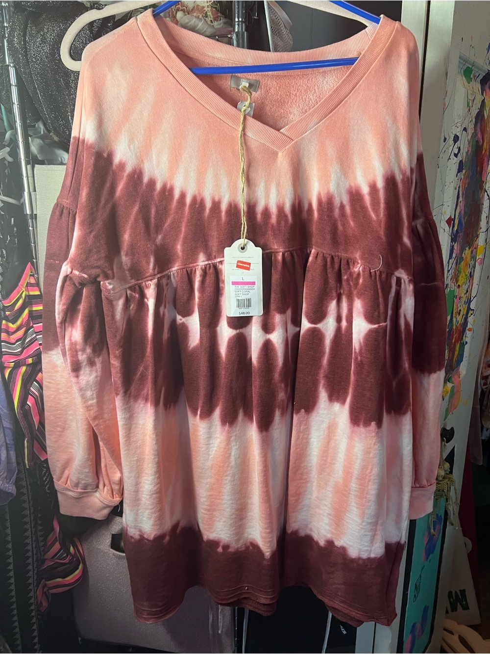 True Craft Pink & Burgundy Tie-Dye V-Neck Babydoll Sweatshirt